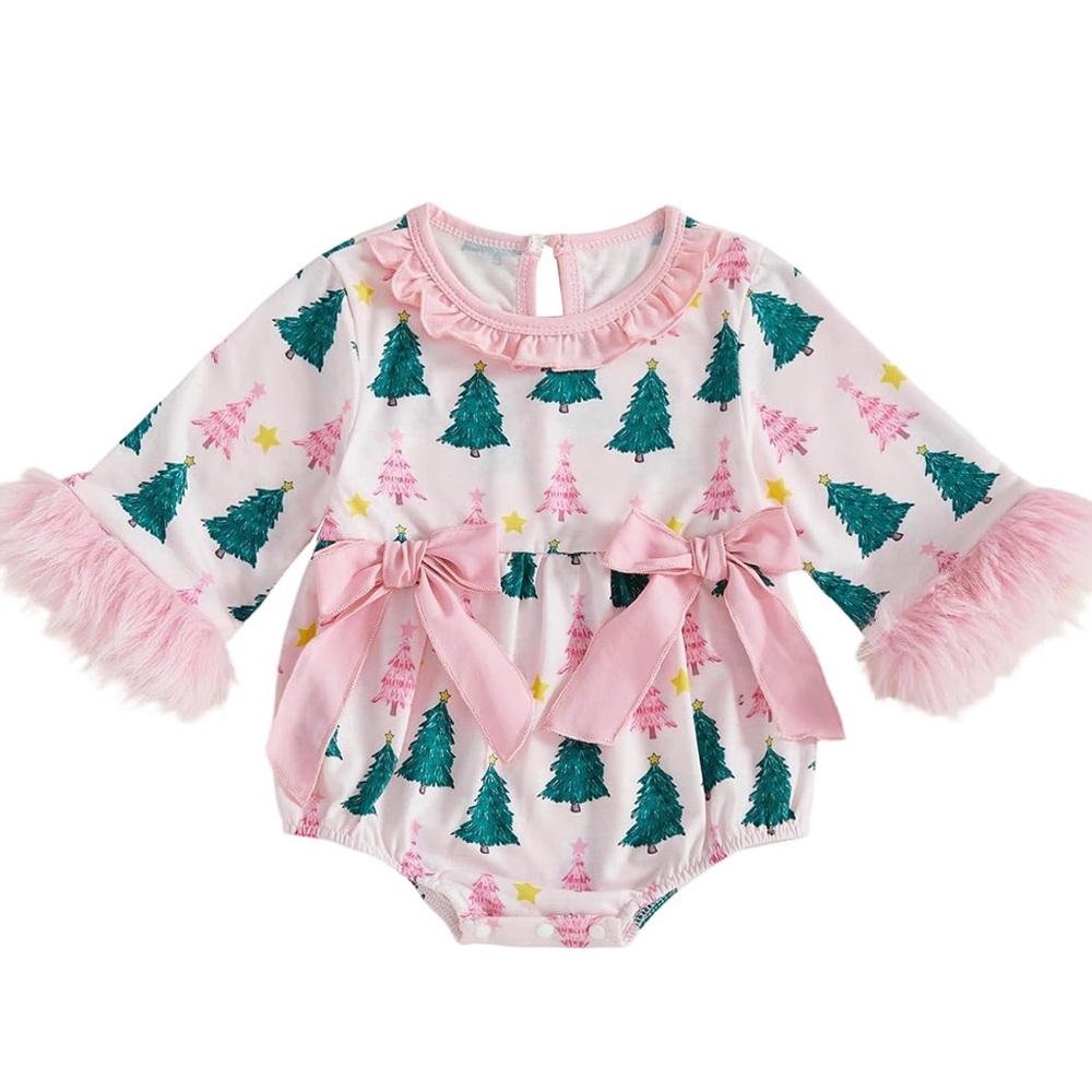 New Christmas Bubble Romper with fur cuffs and bows- pink & green Christmas tree